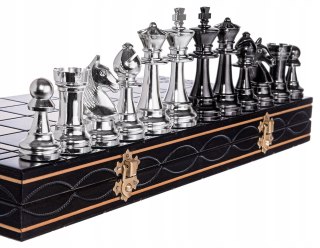 SZACHY DREWNIANE SENATOR SREBRNO-CZARNE DUŻE 42 cm z figurami Staunton nr 6