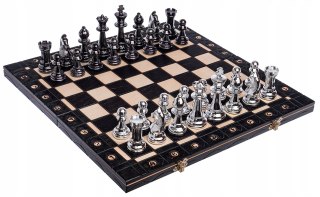SZACHY DREWNIANE SENATOR SREBRNO-CZARNE DUŻE 42 cm z figurami Staunton nr 6