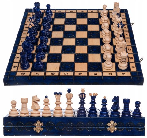 Szachy drewniane PERŁA DUŻA NIEBIESKA metalowe zatrzaski szachownica 42 cm Szachy drewniane PERŁA DUŻA NIEBIESKA metalowe zatrzaski szachownica 42 cm