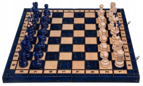 Szachy drewniane PERŁA DUŻA NIEBIESKA metalowe zatrzaski szachownica 42 cm Szachy drewniane PERŁA DUŻA NIEBIESKA metalowe zatrzaski szachownica 42 cm