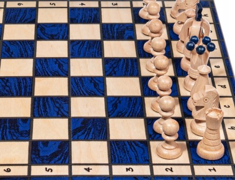 Szachy drewniane RUBEDO 31 cm Niebieskie Ozdobna szachownica składana szach Szachy drewniane RUBEDO 31 cm Niebieskie Ozdobna szachownica składana szach